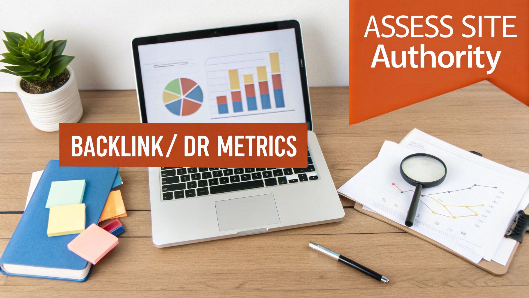 Desk with laptop showing SEO charts and text 'ASSESS SITE Authority' and 'BACKLINK / DR METRICS'.
