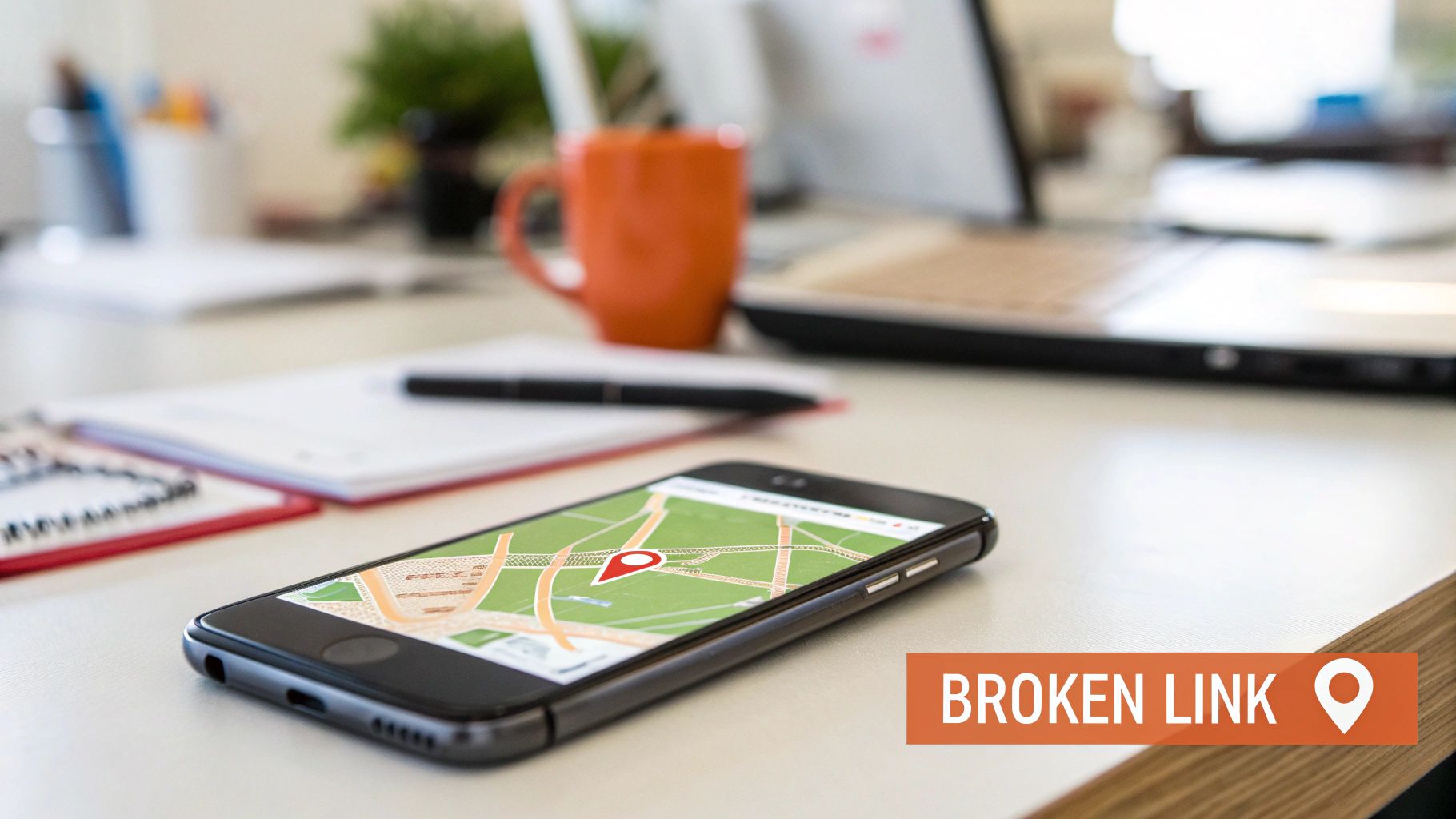 Illustration showing a broken link icon with a sad face, symbolizing user frustration.