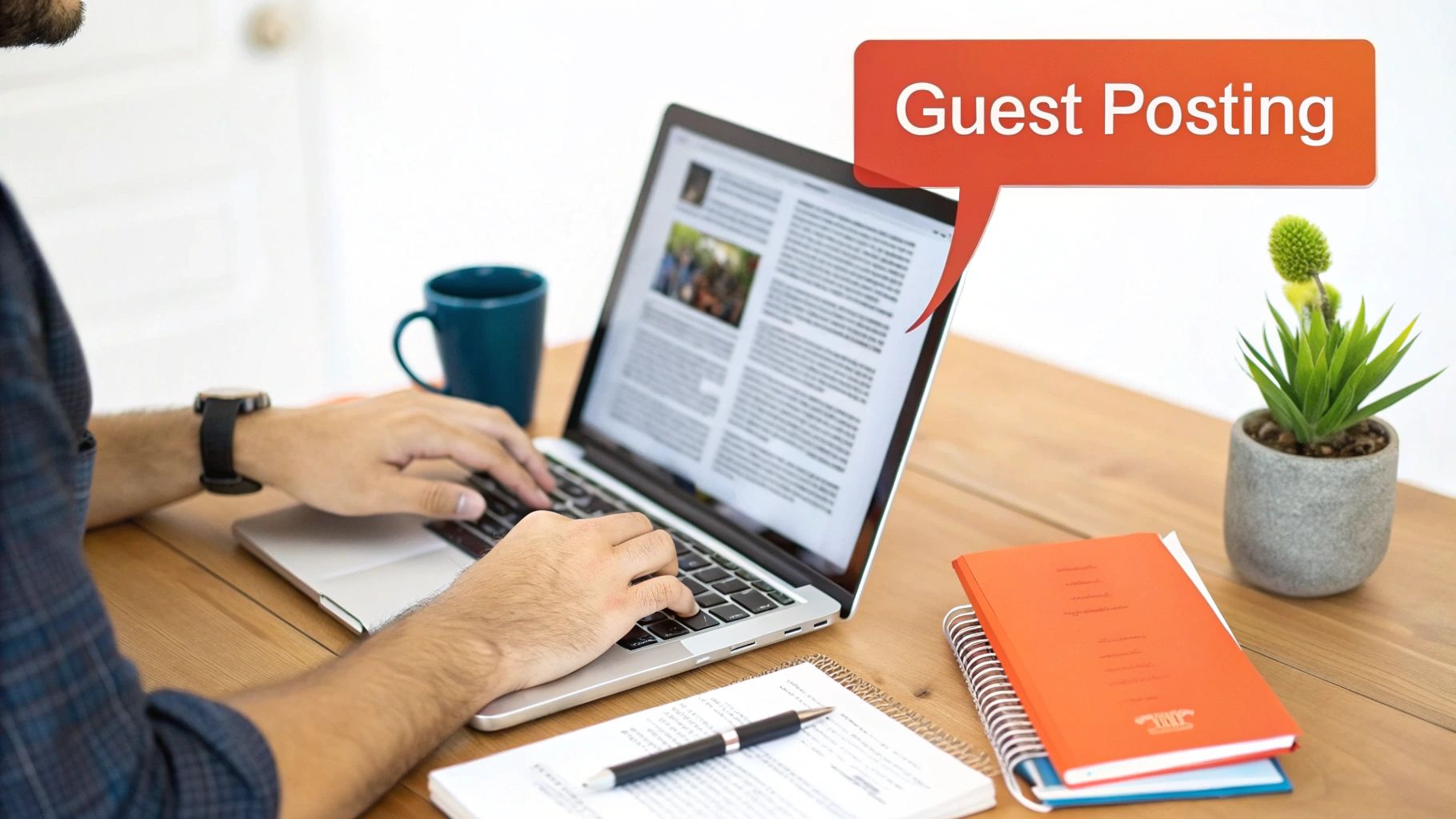 A person types on a laptop, working on an article, with a 'Guest Posting'text bubble visible.