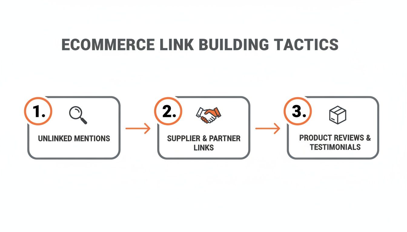 An infographic illustrating three key e-commerce link building tactics: unlinked mentions, supplier and partner links, and product reviews.