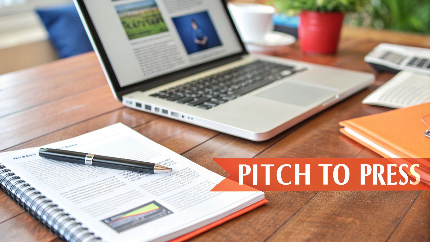 A desk with a laptop, notebook, and pen, overlaid with a 'PITCH TO PRESS' banner, for media outreach.