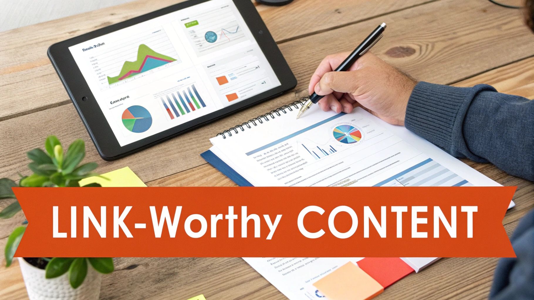 Person writing on a report with graphs, next to a tablet showing business data, promoting 'LINK-Worthy CONTENT'.