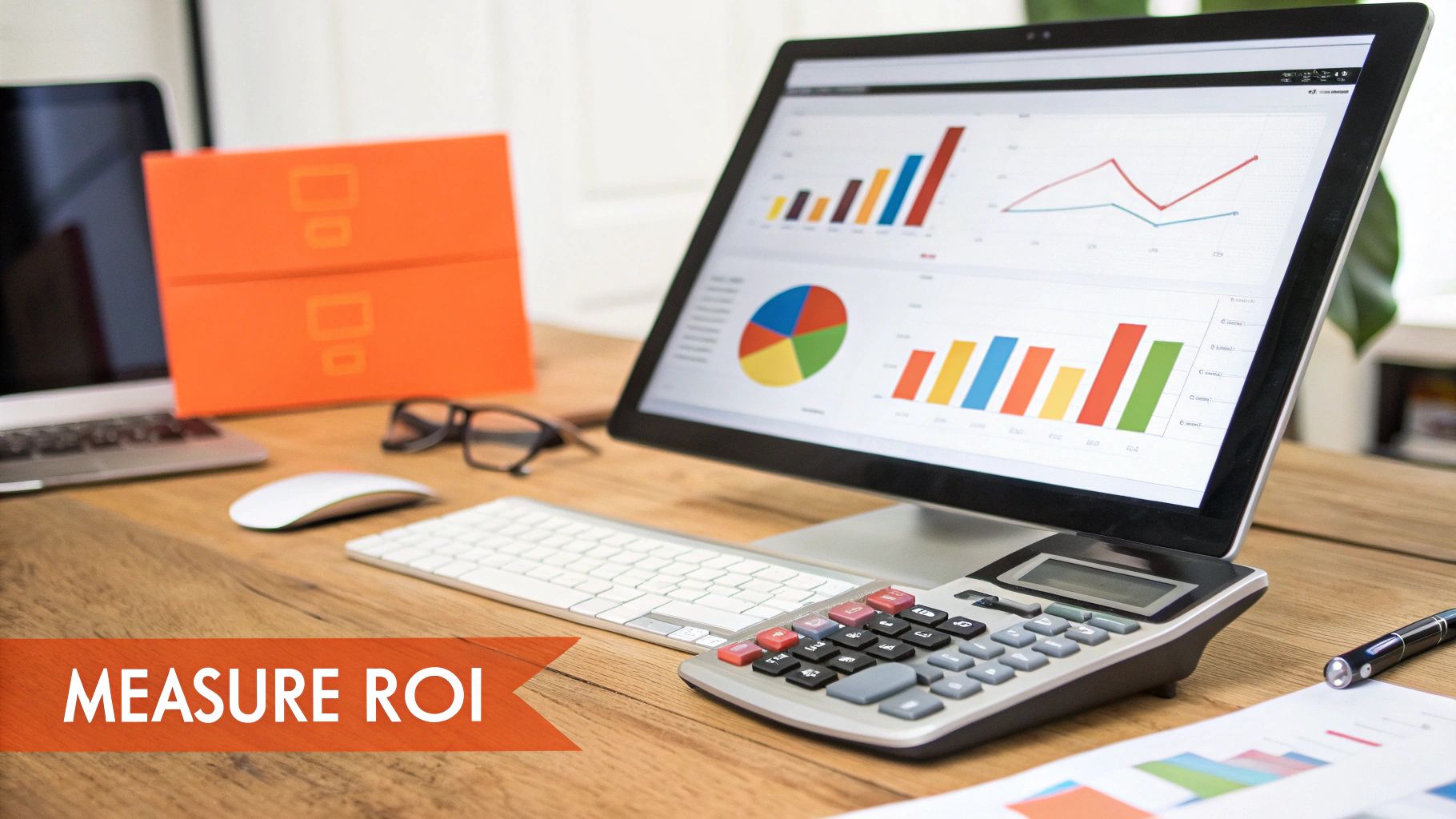 A graphic showing a rising bar chart with a magnifying glass over it, symbolizing the analysis of ROI.