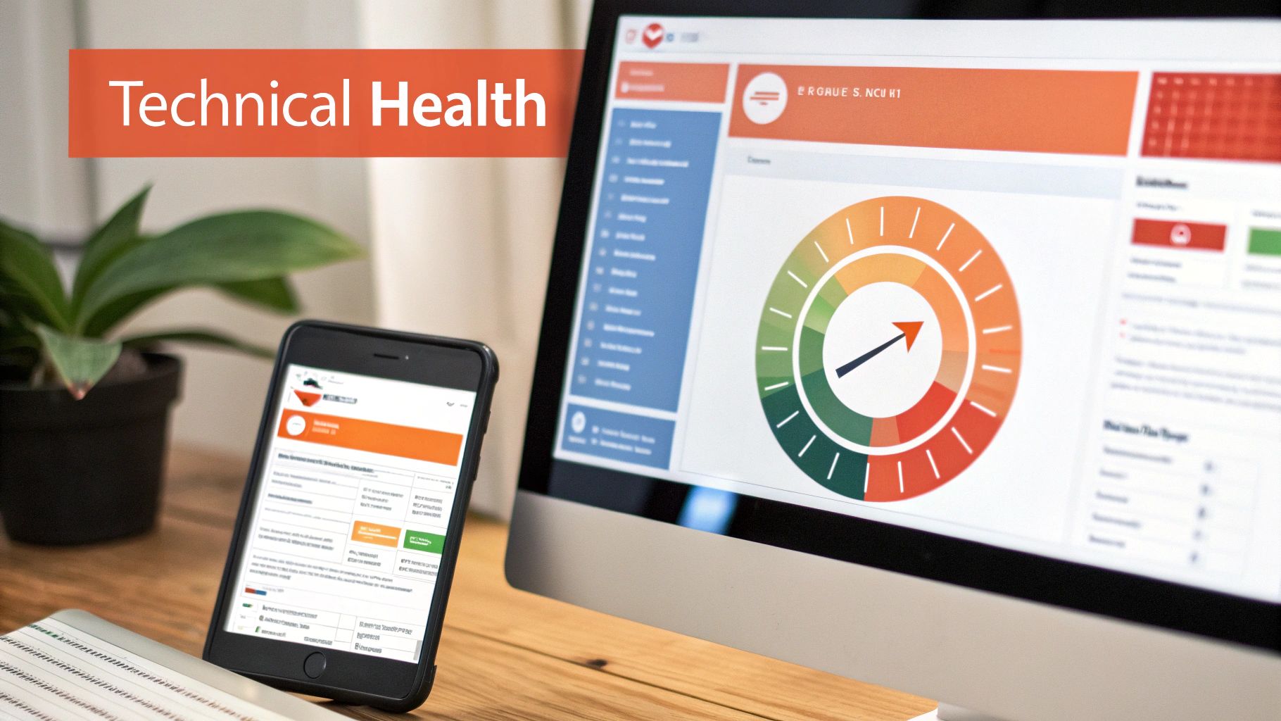 Technical health dashboard displaying colorful gauge chart on desktop monitor and mobile phone