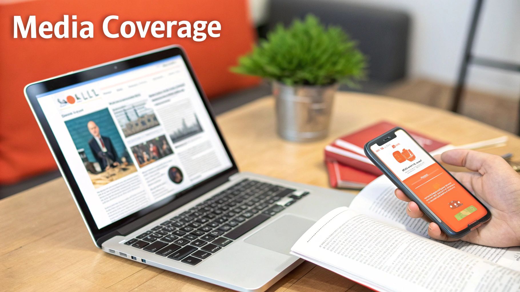 Digital media coverage displayed on a laptop and smartphone next to an open book.