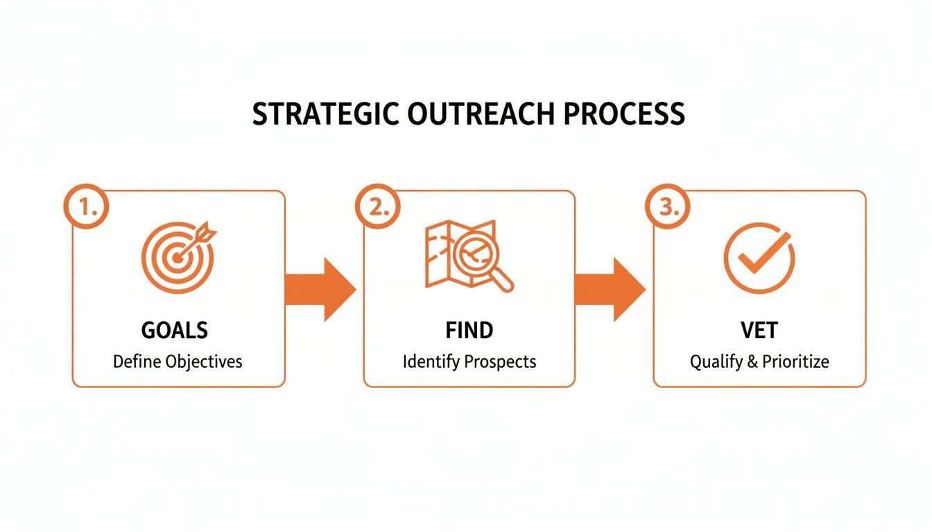 Strategic outreach process diagram illustrating goals, finding prospects, and vetting leads.