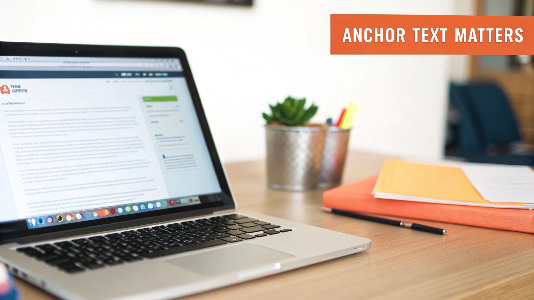A laptop displaying an article about SEO, with a prominent orange banner stating 'ANCHOR TEXT MATTERS' above a desk.