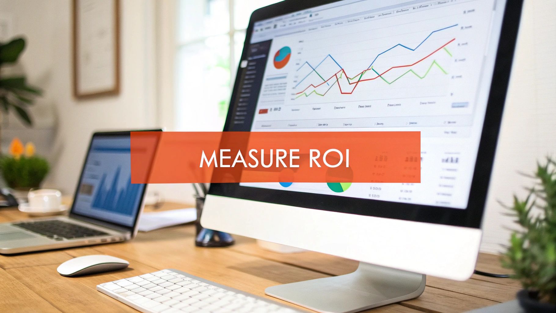 A computer monitor displays business analytics graphs and charts with a 'MEASURE ROI' overlay on a modern workspace.