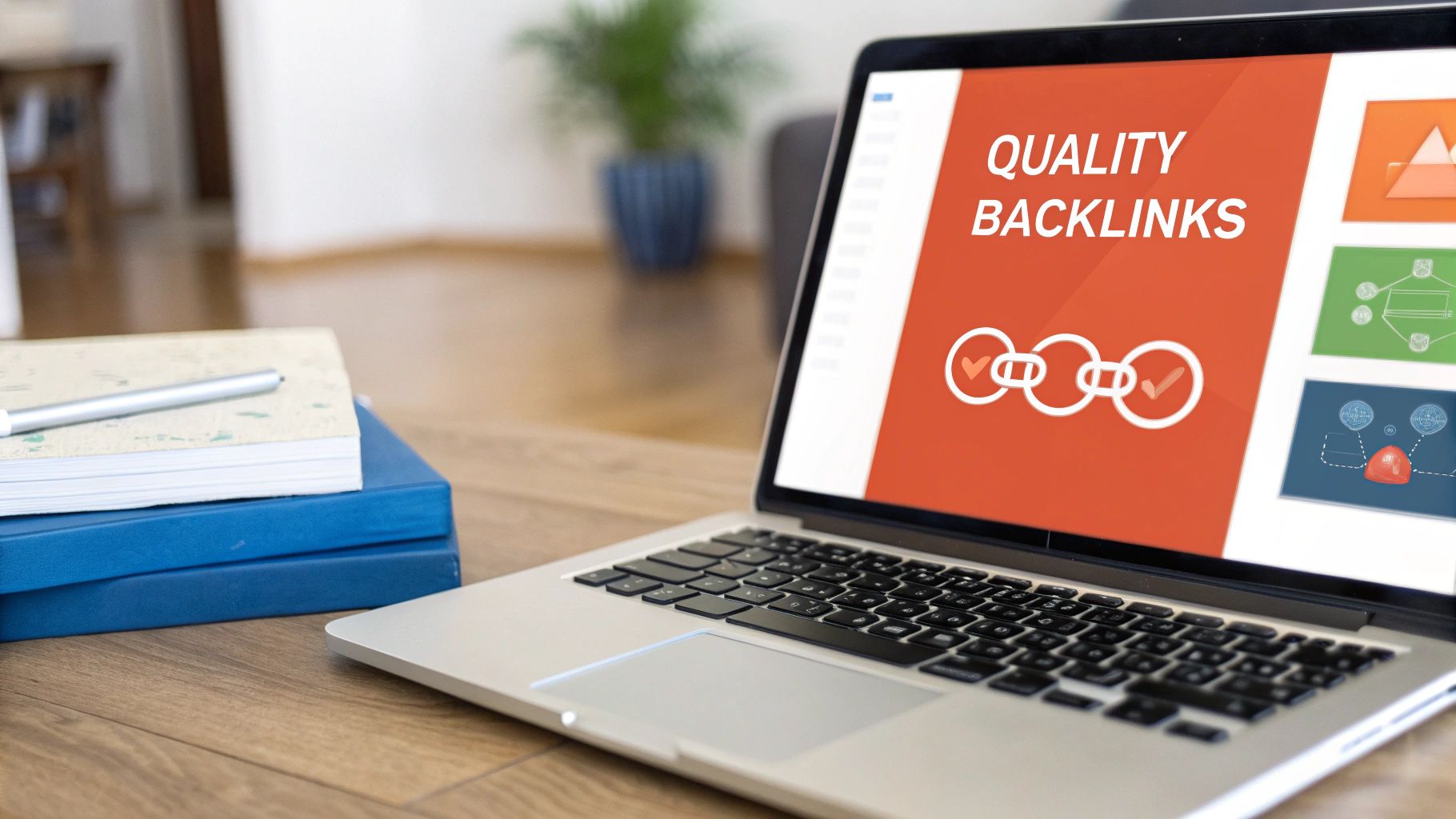 A laptop screen displays 'QUALITY BACKLINKS' with link icons, next to books and a pen on a desk.
