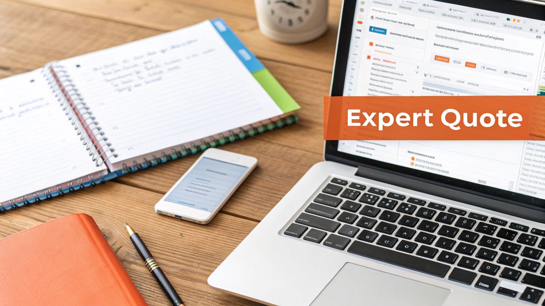 A wooden desk with a laptop displaying an 'Expert Quote' banner, a notebook, smartphone, and office supplies.