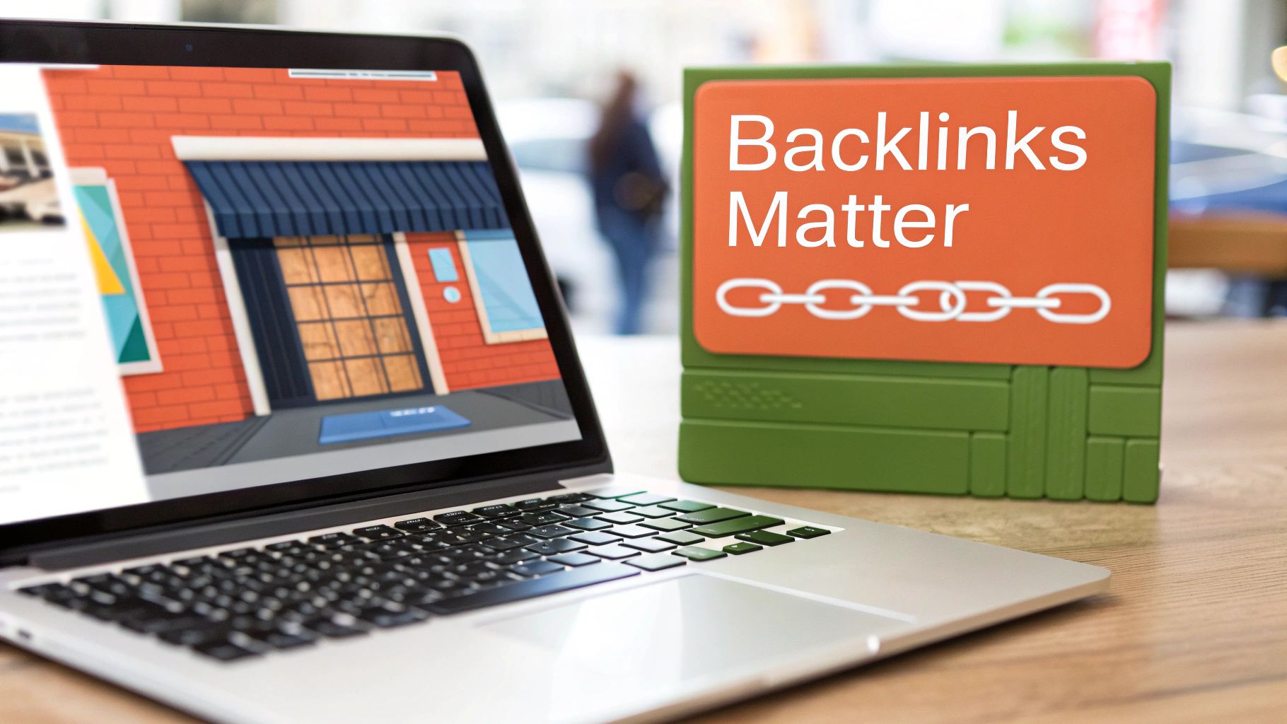 An illustration showing a website with several arrows pointing to it, symbolizing backlinks and increased authority.