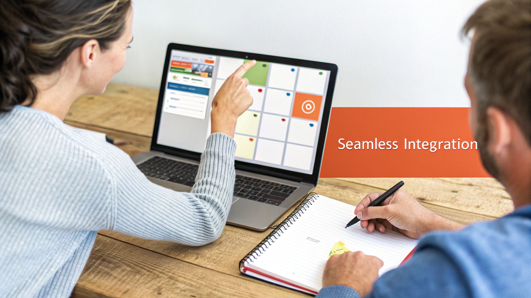 A team collaborating around a desk with laptops and charts, illustrating workflow integration.
