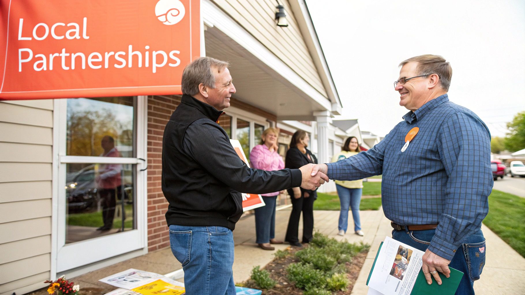 Two business professionals shaking hands outside office building during local partnership meeting