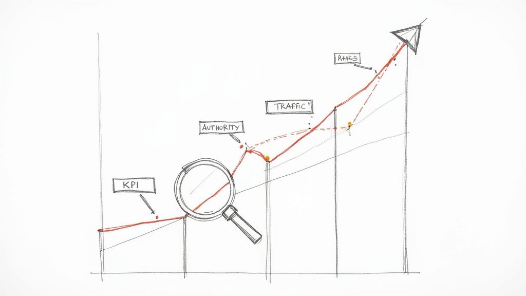 A dashboard showing various SEO metrics like organic traffic, keyword rankings, and domain authority, indicating campaign measurement.
