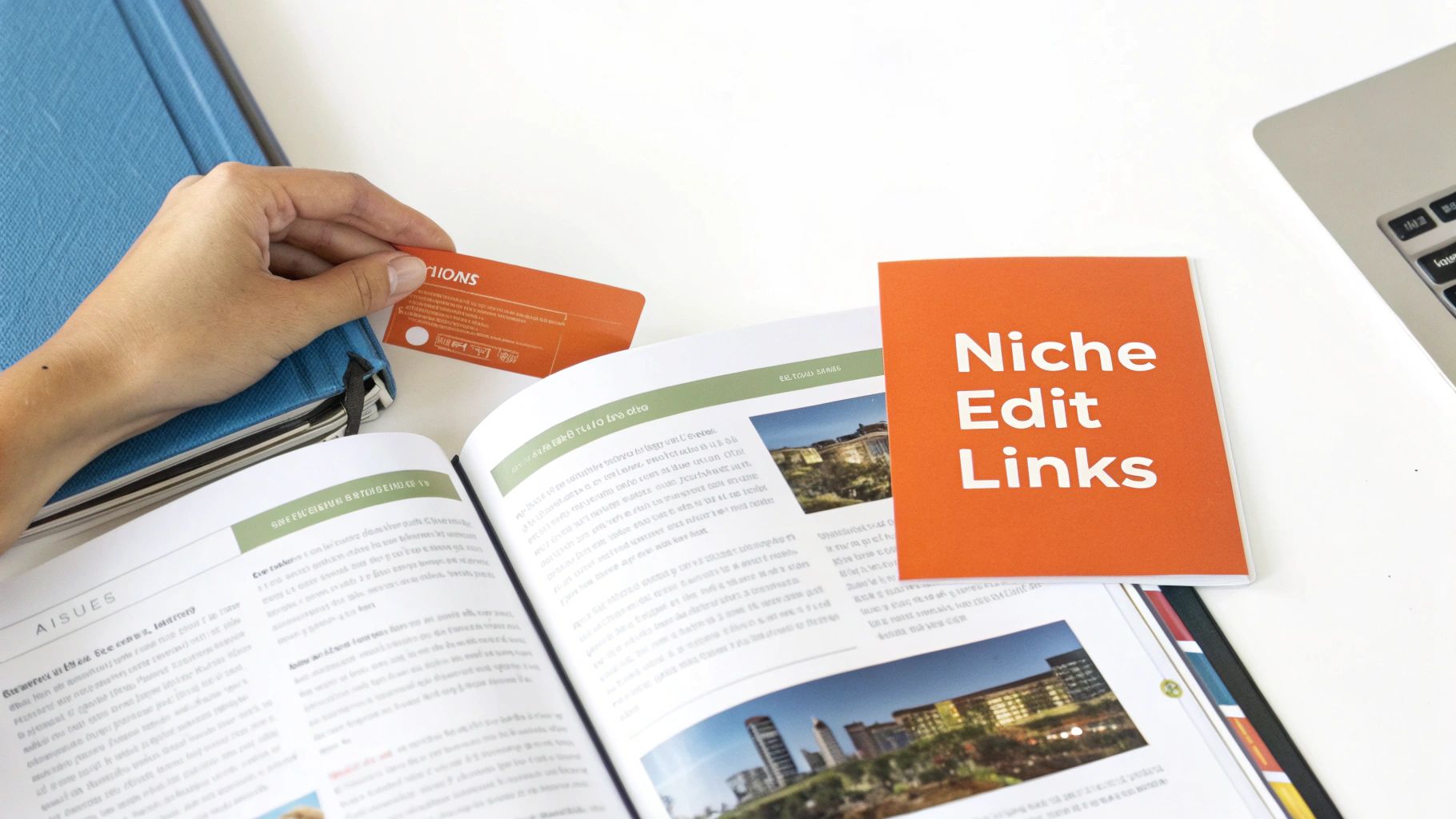 A magnifying glass hovering over a piece of text with a link icon, symbolizing the process of finding a place to insert a niche edit link.