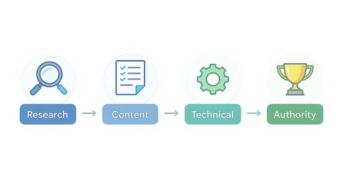 Four-step SEO process workflow showing research, content creation, technical optimization, and building authority with icons