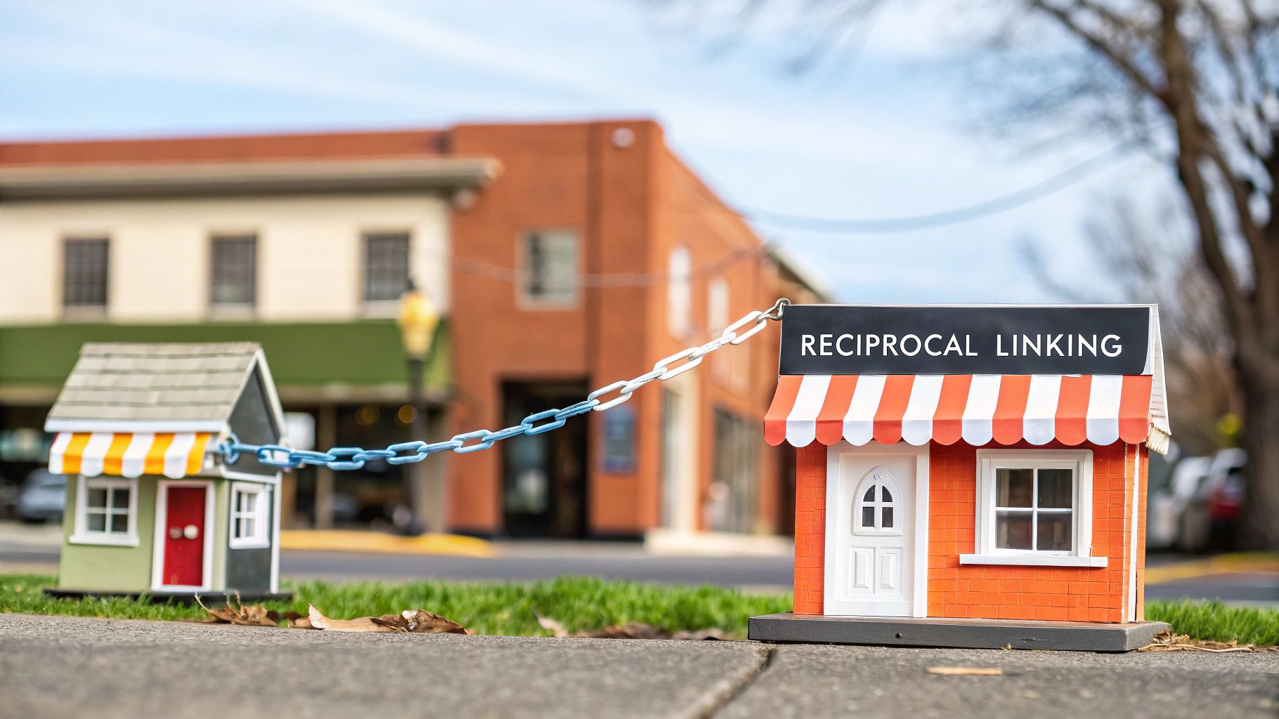 Two miniature business models connected by a chain, illustrating reciprocal linking for SEO.