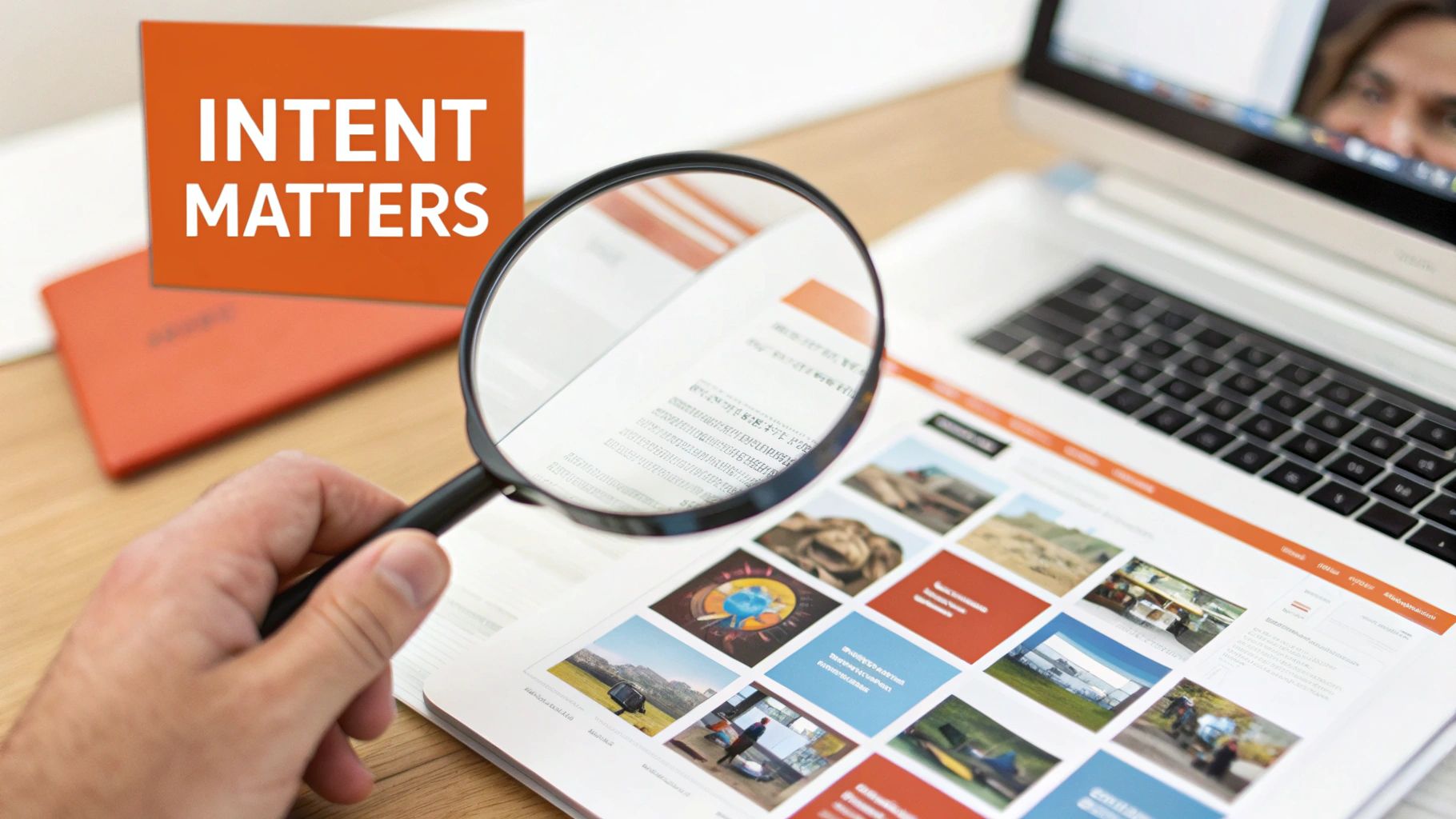 Close-up of a person using a magnifying glass on a webpage, emphasizing 'Intent Matters'.