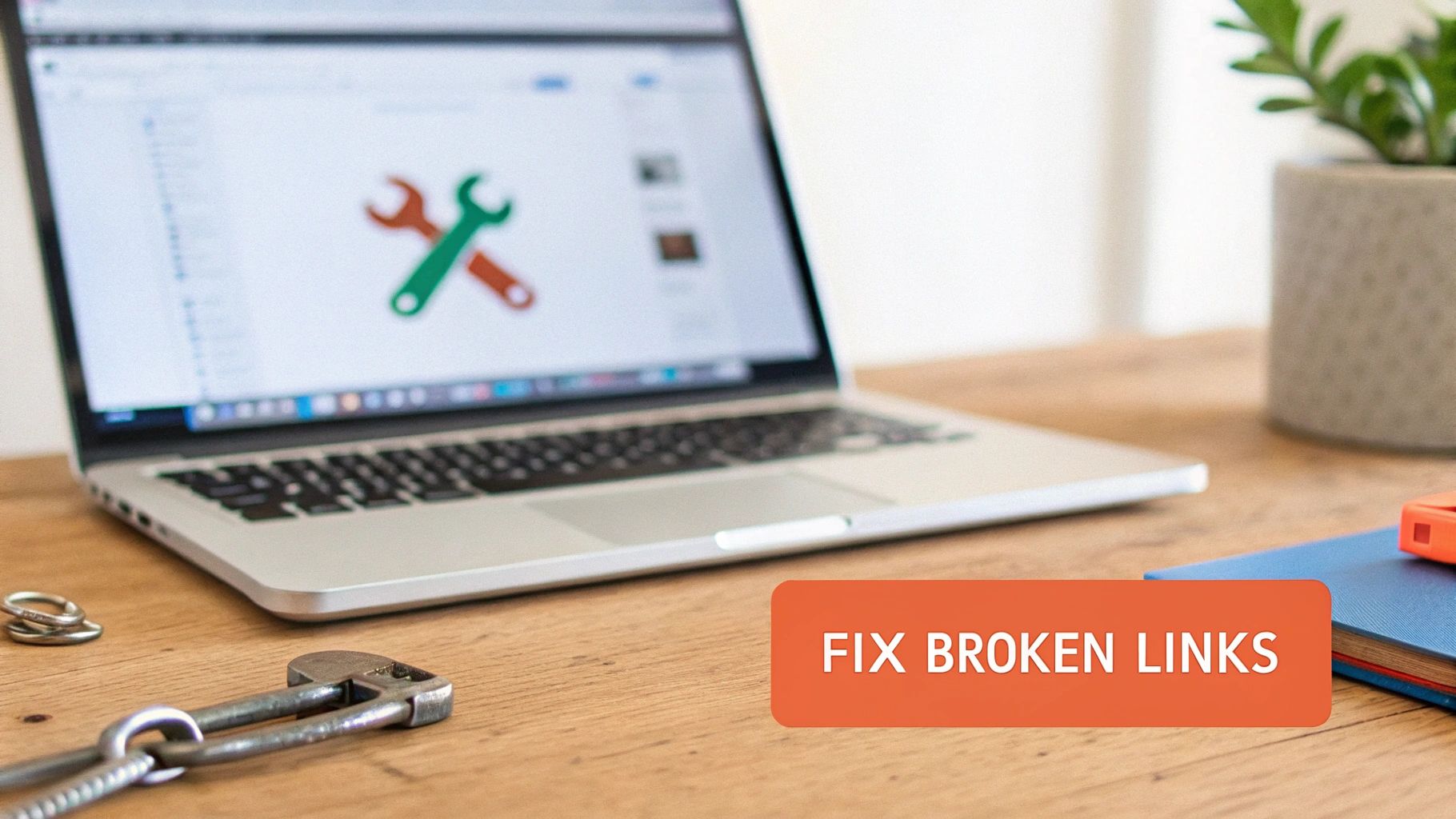 A laptop displaying wrench icons on a wooden desk with a prominent 'FIX BROKEN LINKS' text box.