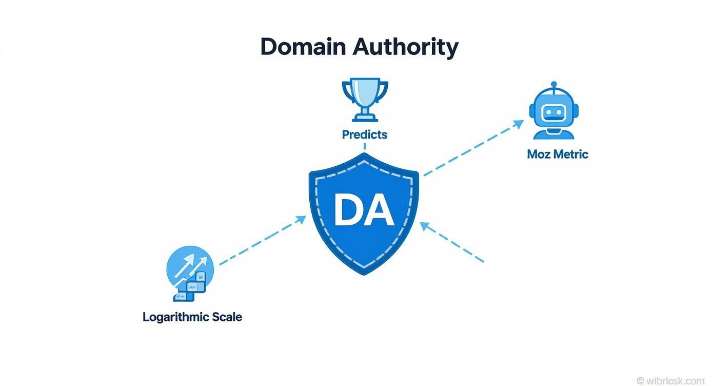 Diagram illustrating Domain Authority (DA) as a Moz metric, predicting performance on a logarithmic scale.