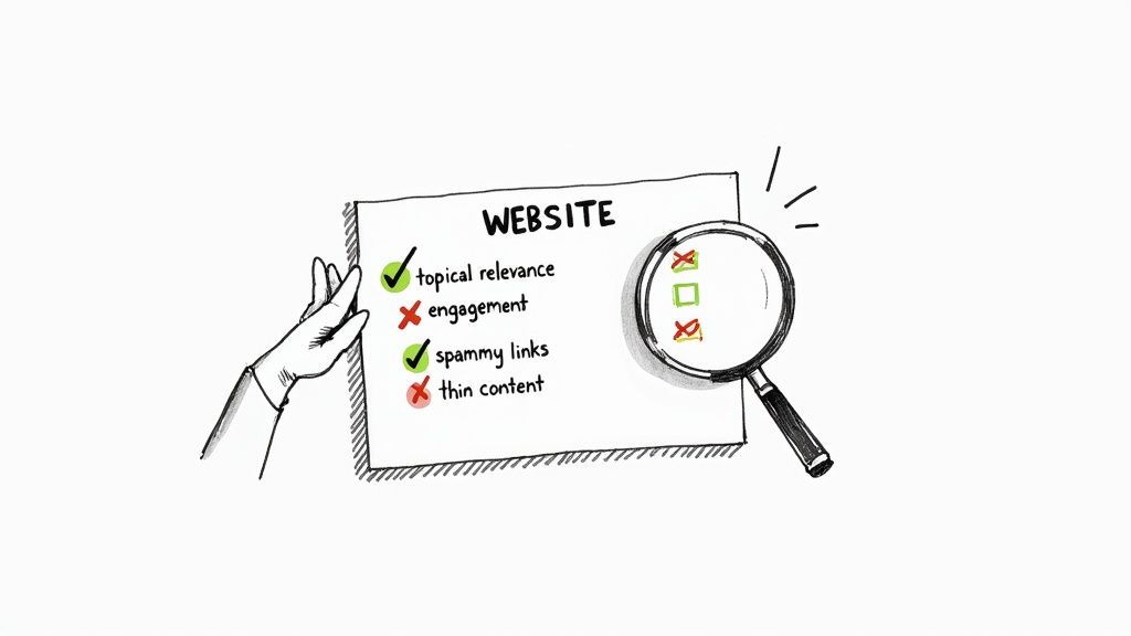 A person using a magnifying glass to inspect a website on a computer screen, symbolizing vetting link partners.