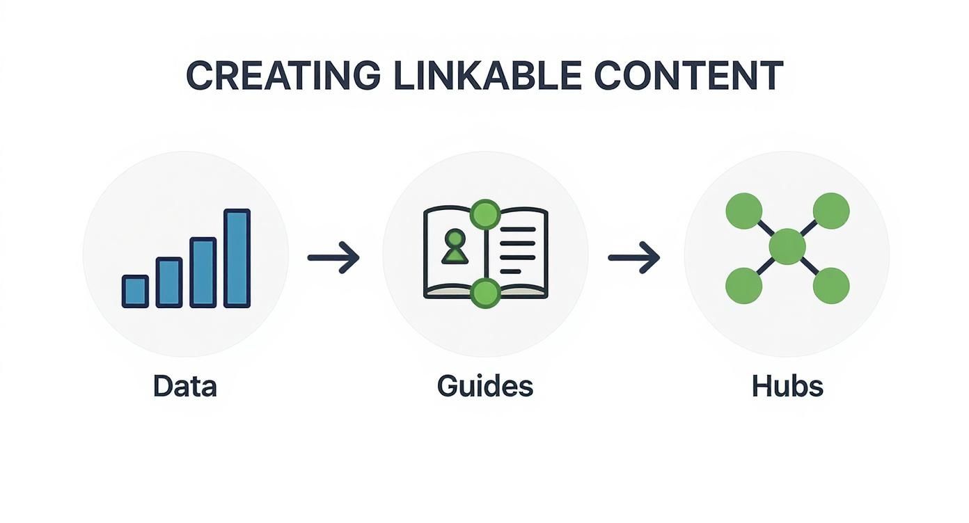 An infographic showing a process flow for creating linkable content, starting with Data, moving to Guides, and then to Hubs.