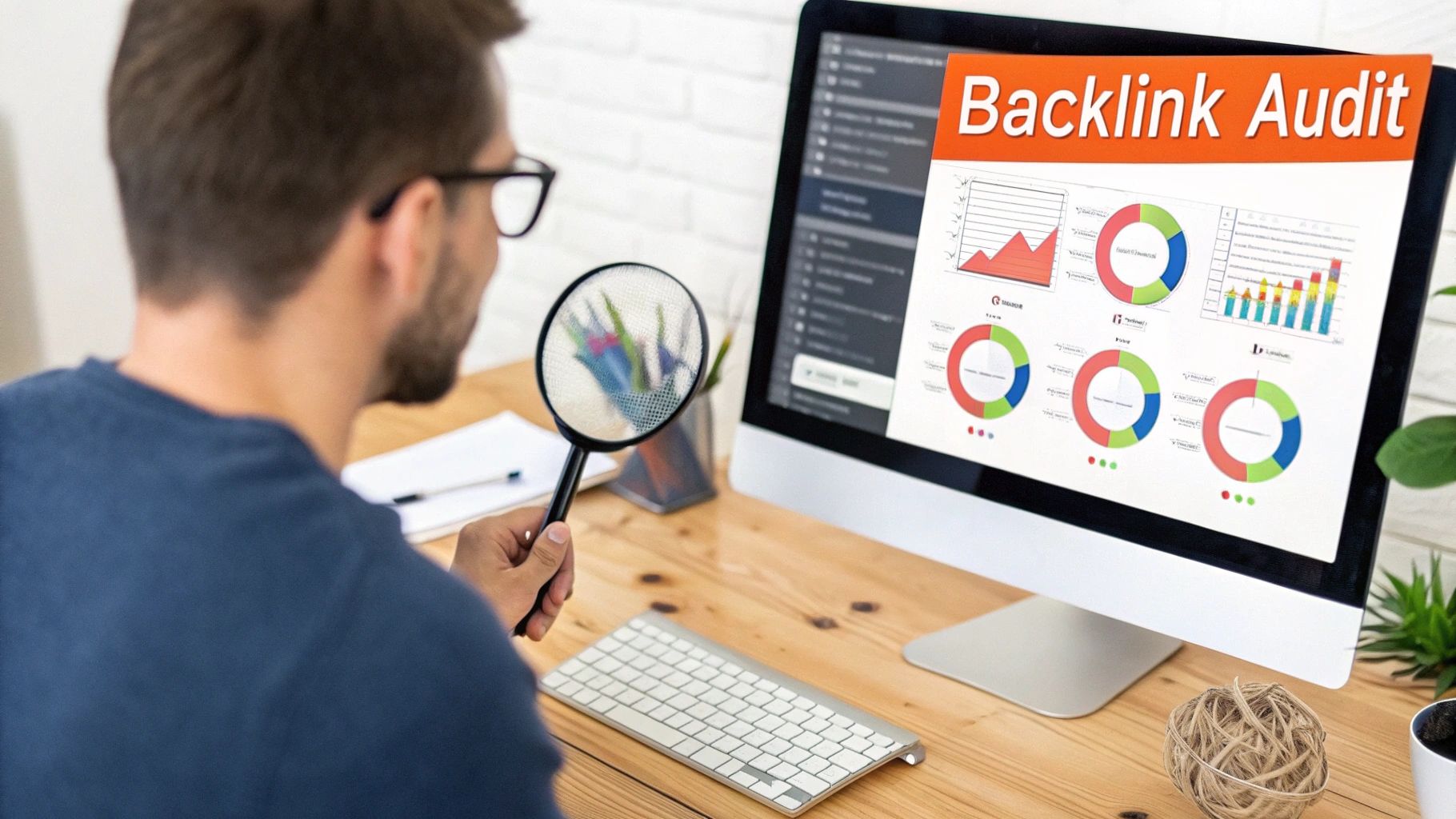 Man auditing backlinks on a computer screen with charts and a magnifying glass.