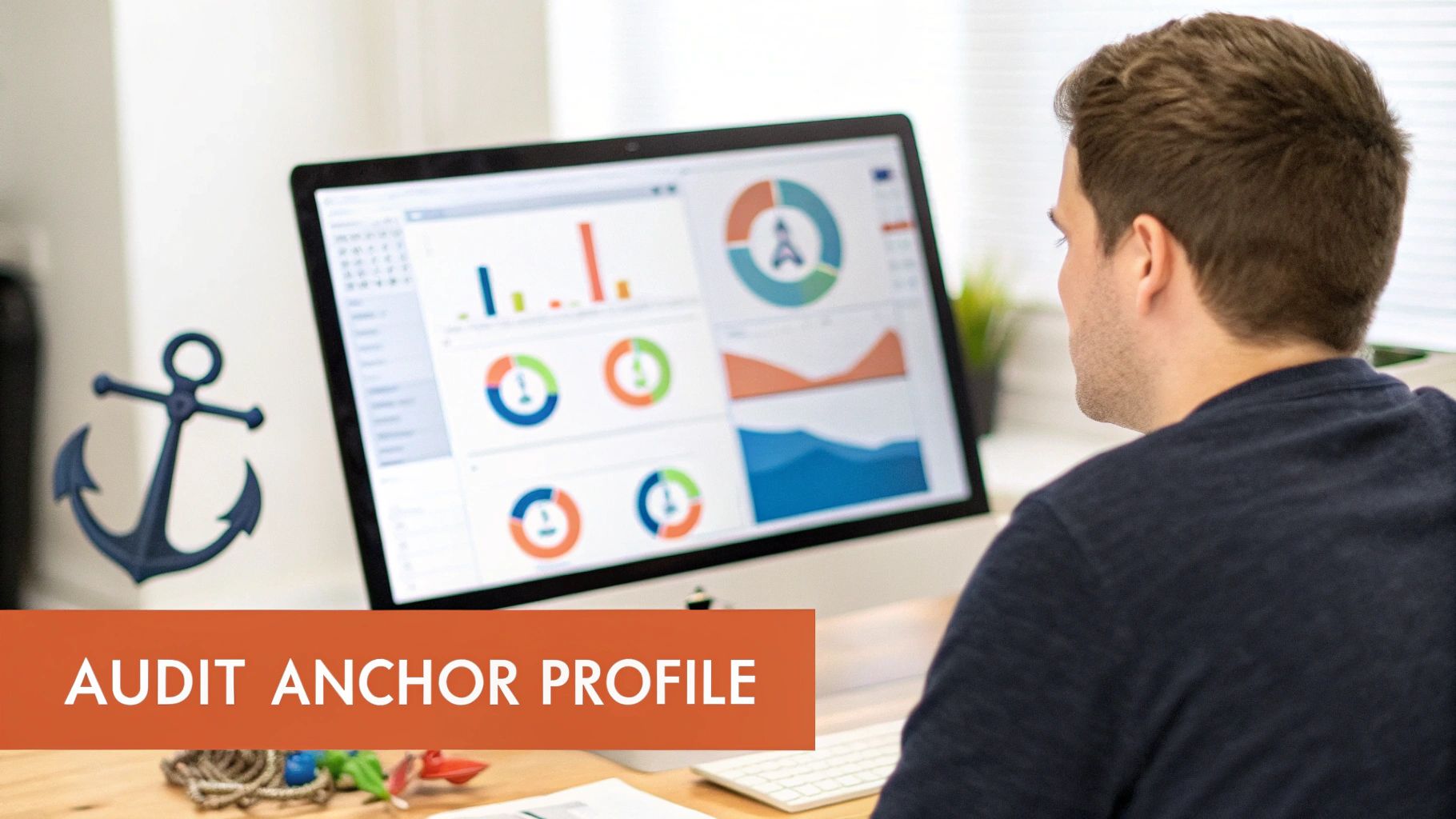 A man conducting an anchor profile audit on a computer screen showing data, with an anchor decoration.