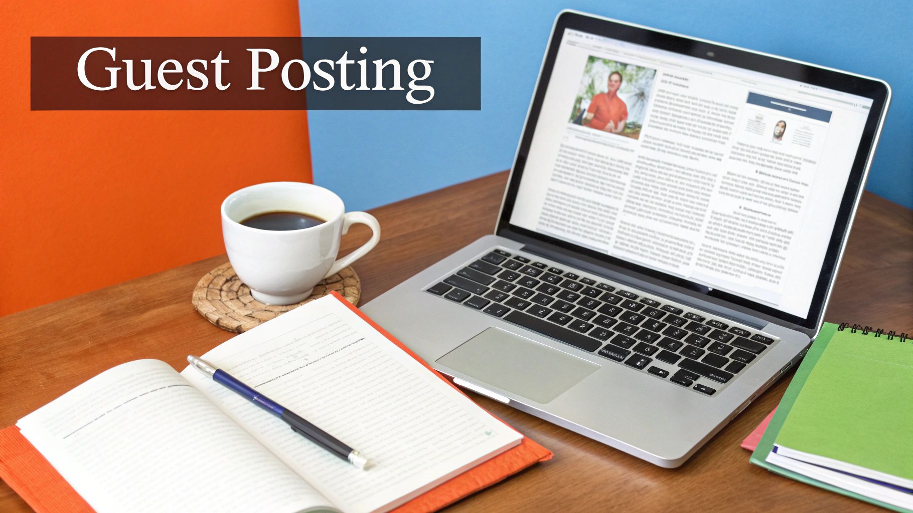 A laptop on a wooden desk displaying a 'Guest Posting' article, next to coffee and an open notebook.