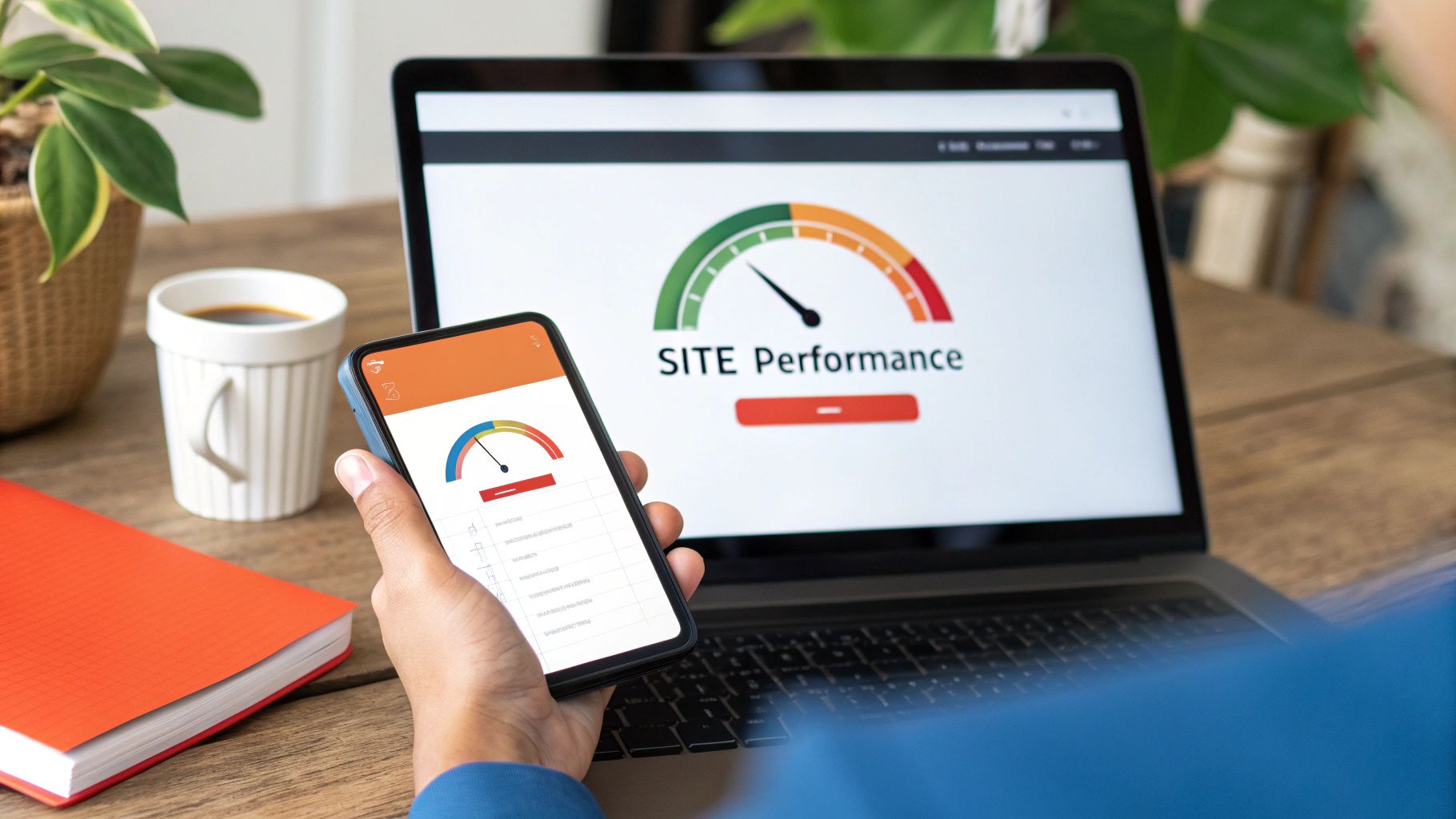 Hands holding a smartphone and a laptop displaying a 'SITE Performance' gauge, indicating website speed.