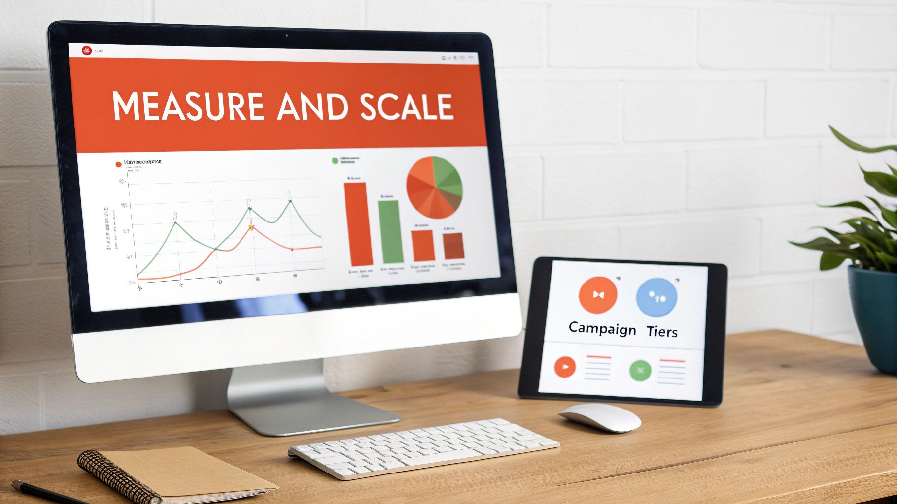 Modern workspace featuring a computer displaying data analytics and a tablet with 'Campaign Tiers' on a wooden desk.