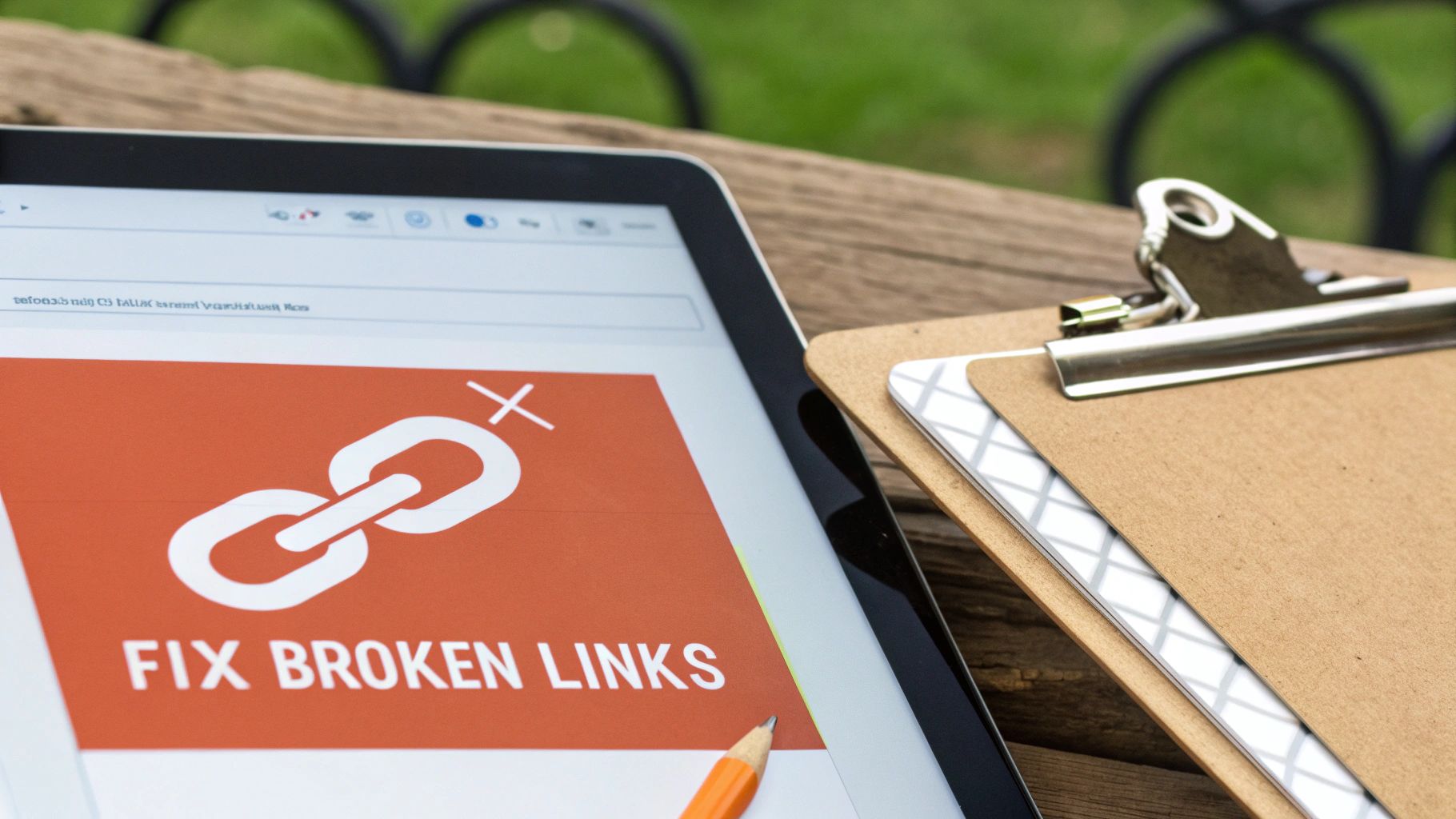 A tablet screen displays an orange graphic with a broken chain icon and the text "FIX BROKEN LINKS."