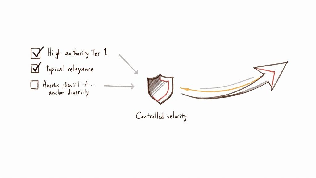 A modern guide to safe implementation, showing a checklist with items like quality,relevance, and velocity checked off.