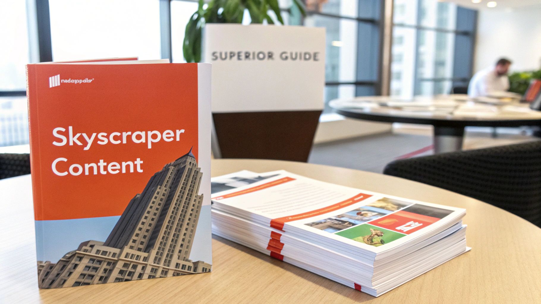 A book titled 'Skyscraper Content' and a stack of brochures on a wooden office table.