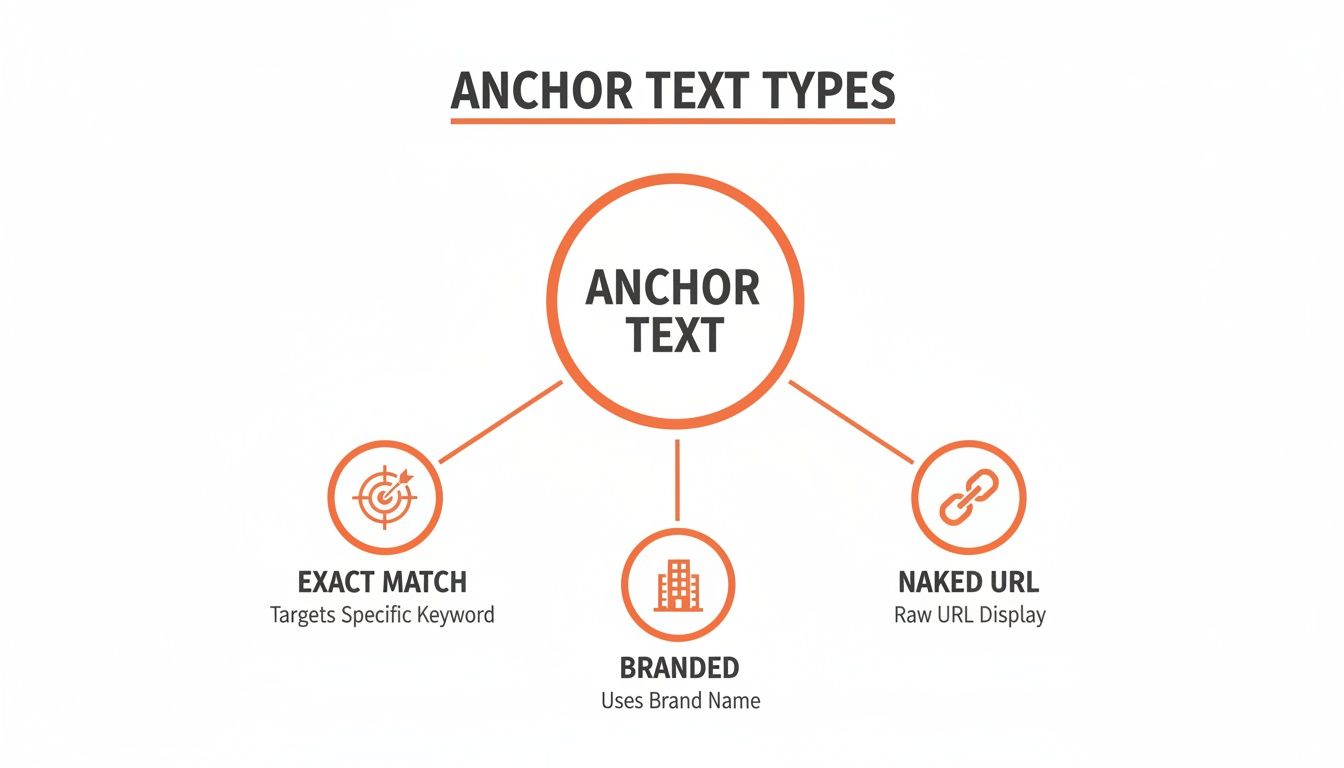 This infographic illustrates anchor text types: Exact Match, Branded, and Naked URL, explaining each briefly.