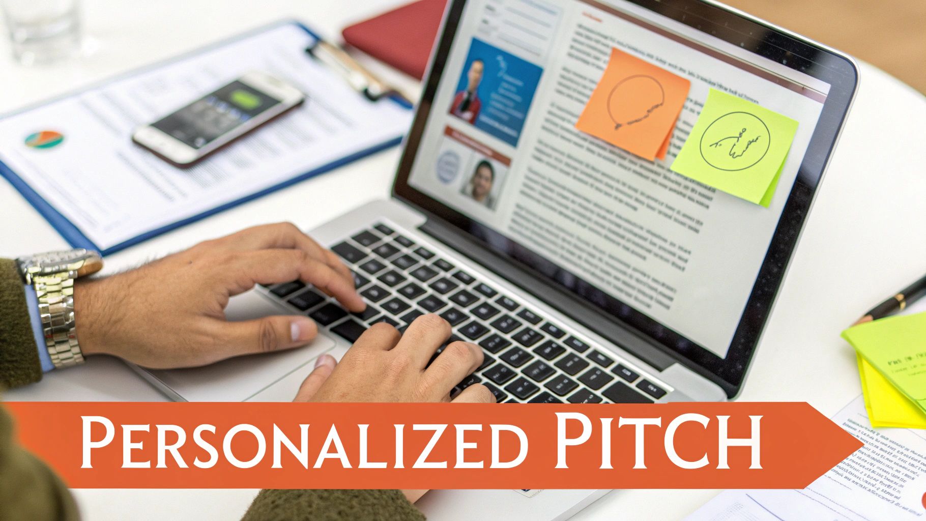 Person typing on a laptop with sticky notes, documents, and a 'PERSONALIZED PITCH' text overlay.