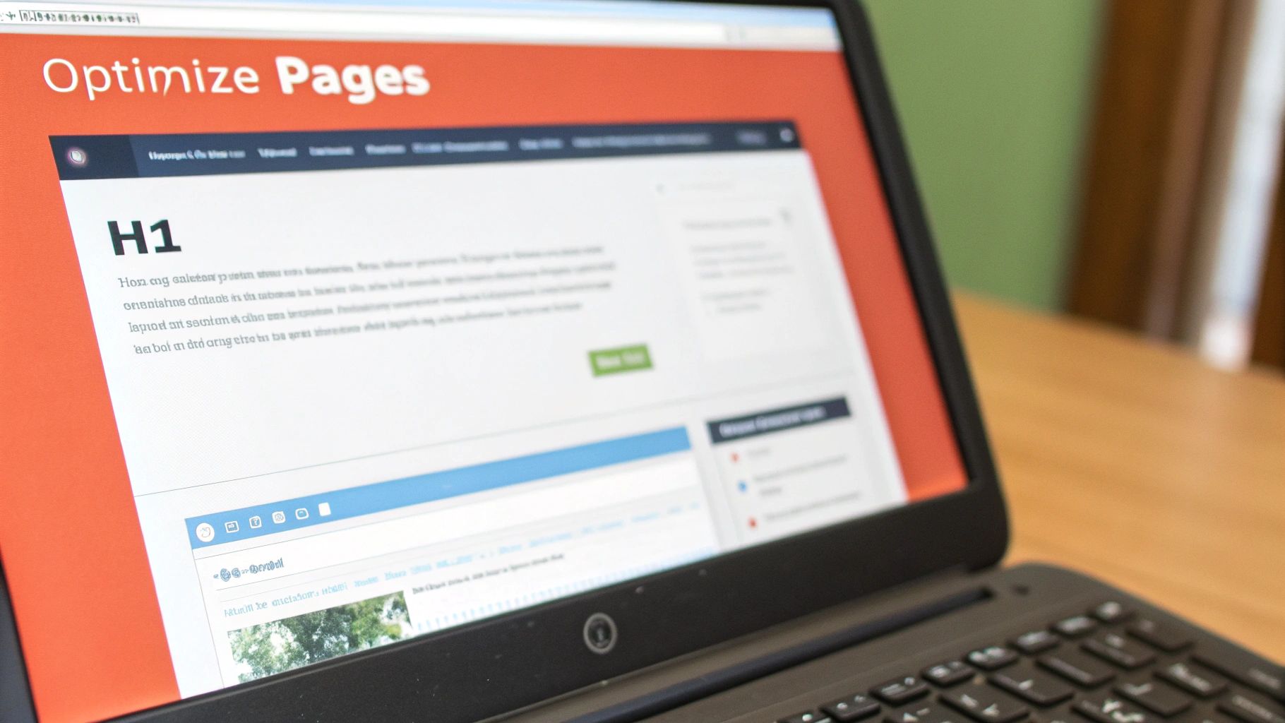 A laptop displaying a website with 'Optimize Pages' header, H1 heading, and text, suggesting SEO or web optimization.