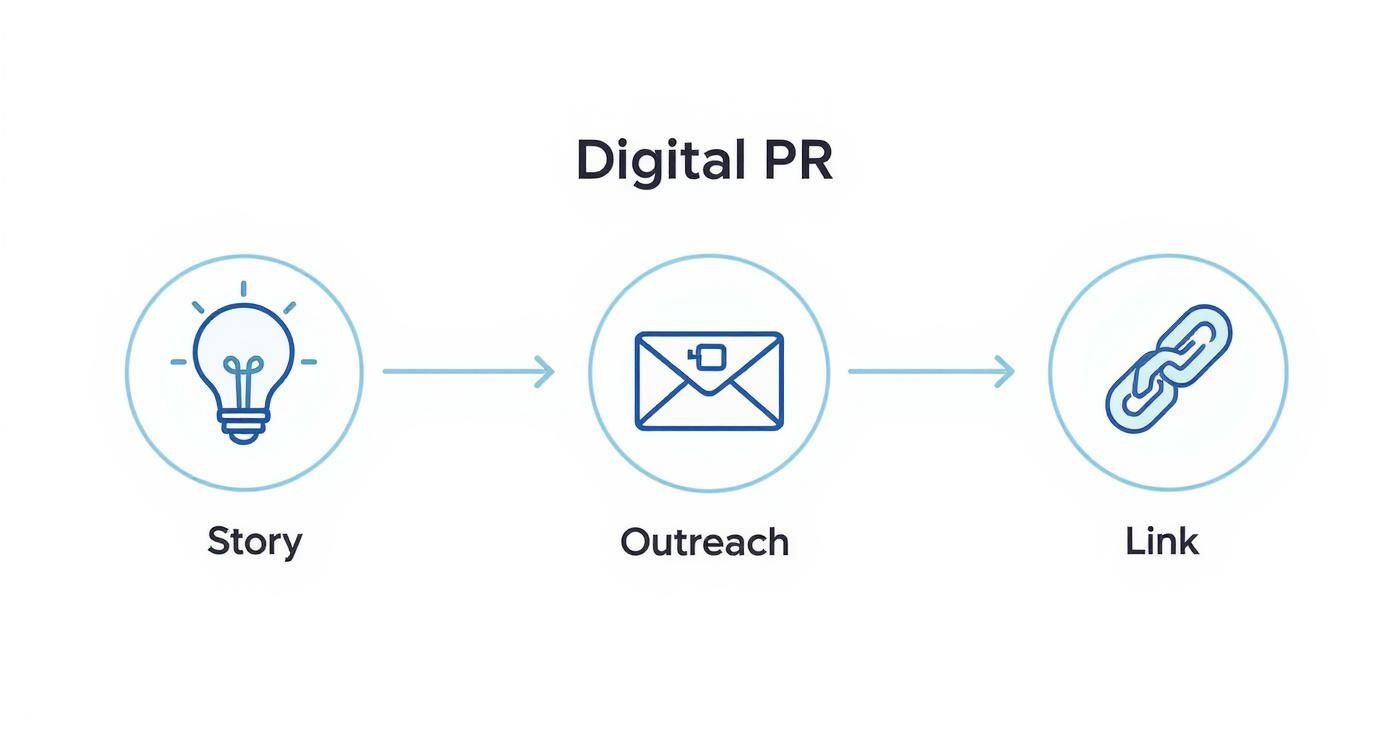 A diagram illustrating the Digital PR process from story idea (lightbulb) to outreach (email) for obtaining a link.