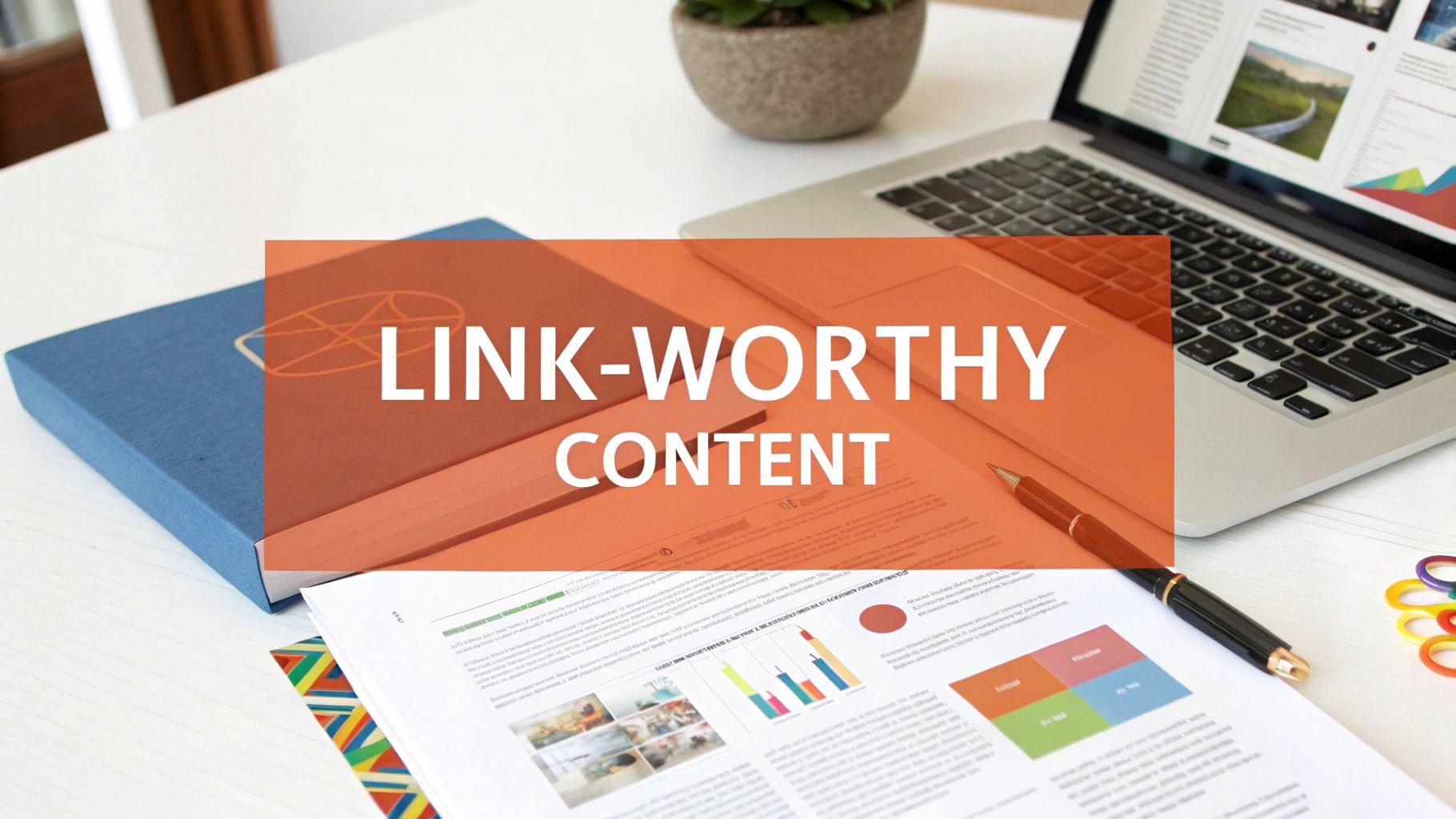 A desk with a laptop, notebooks, and a document with 'LINK-WORTHY CONTENT' text overlay, symbolizing SEO.