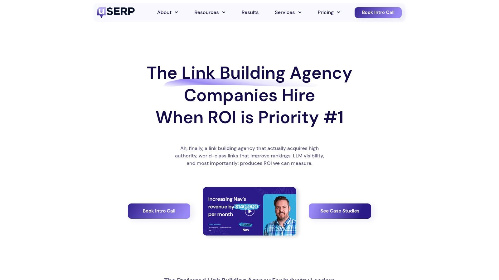 uSERP homepage showcasing their focus on high-authority link building and brand mentions.