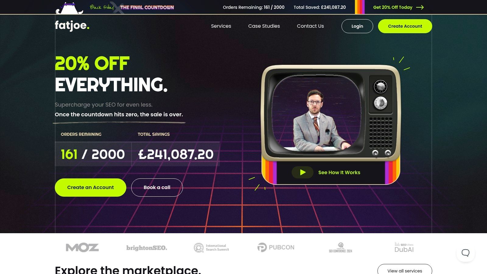 FATJOE homepage showcasing their productized link building and SEO services.