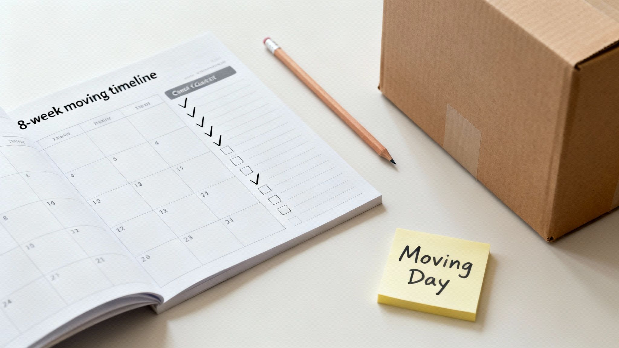 An 8-week moving timeline planner with checked boxes, a pencil, a cardboard box, and a 'Moving Day' sticky note.