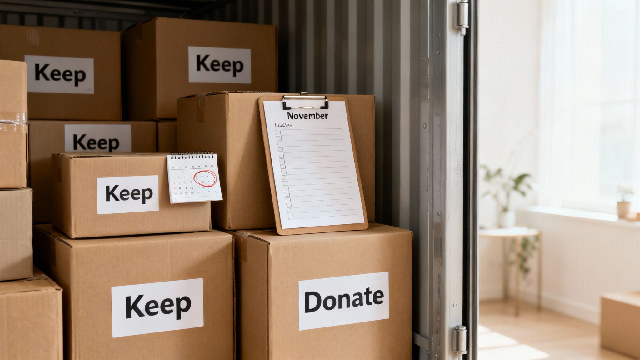 Stacked moving boxes inside a container, labeled 'Keep' and 'Donate,' with a calendar and checklist.