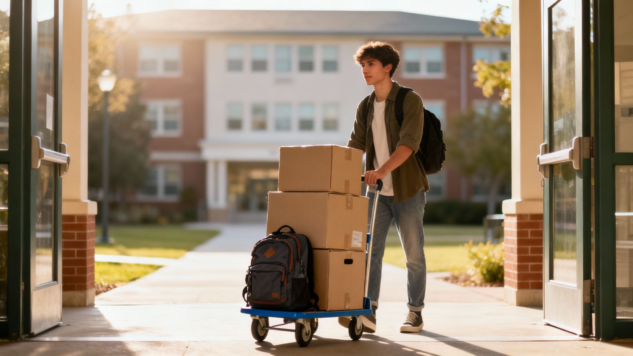 Young man pushing a dolly with moving boxes and a backpack out of a building.