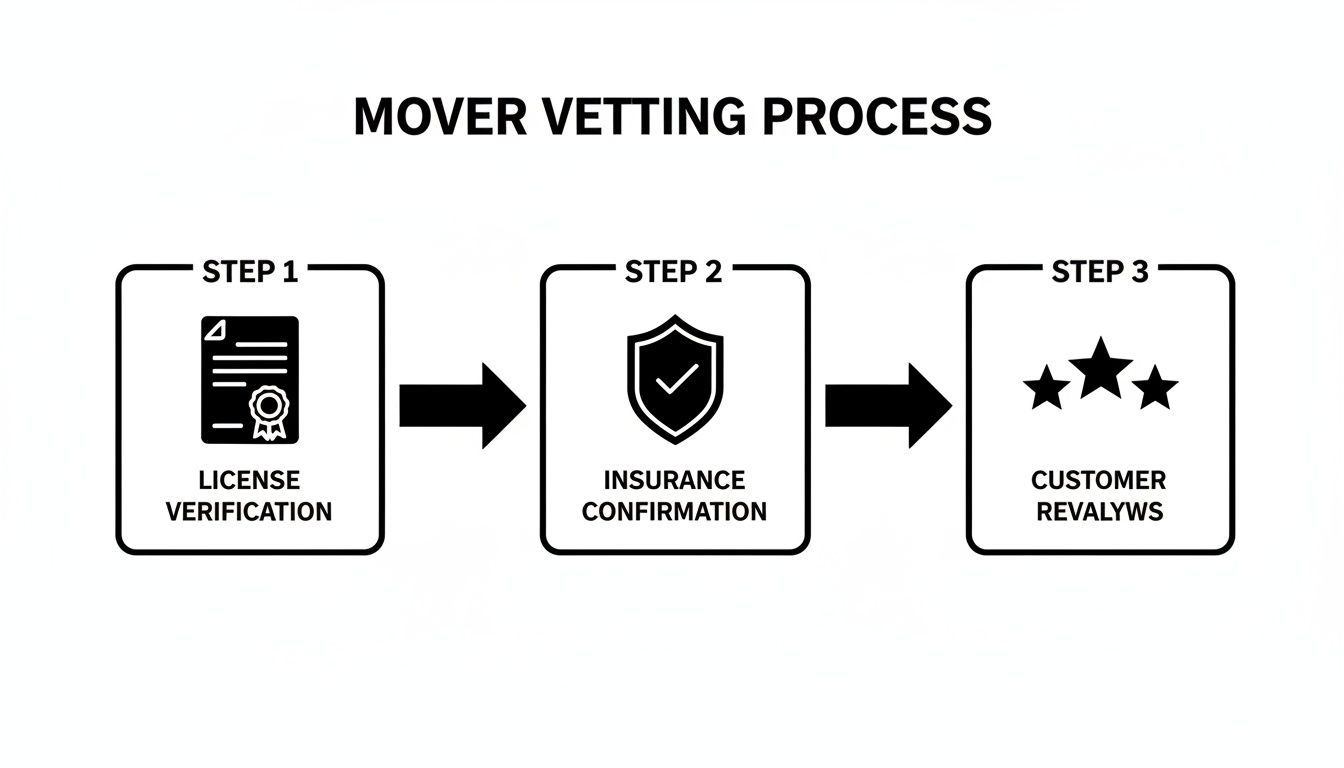 A three-step mover vetting process showing license verification, insurance confirmation, and customer reviews.