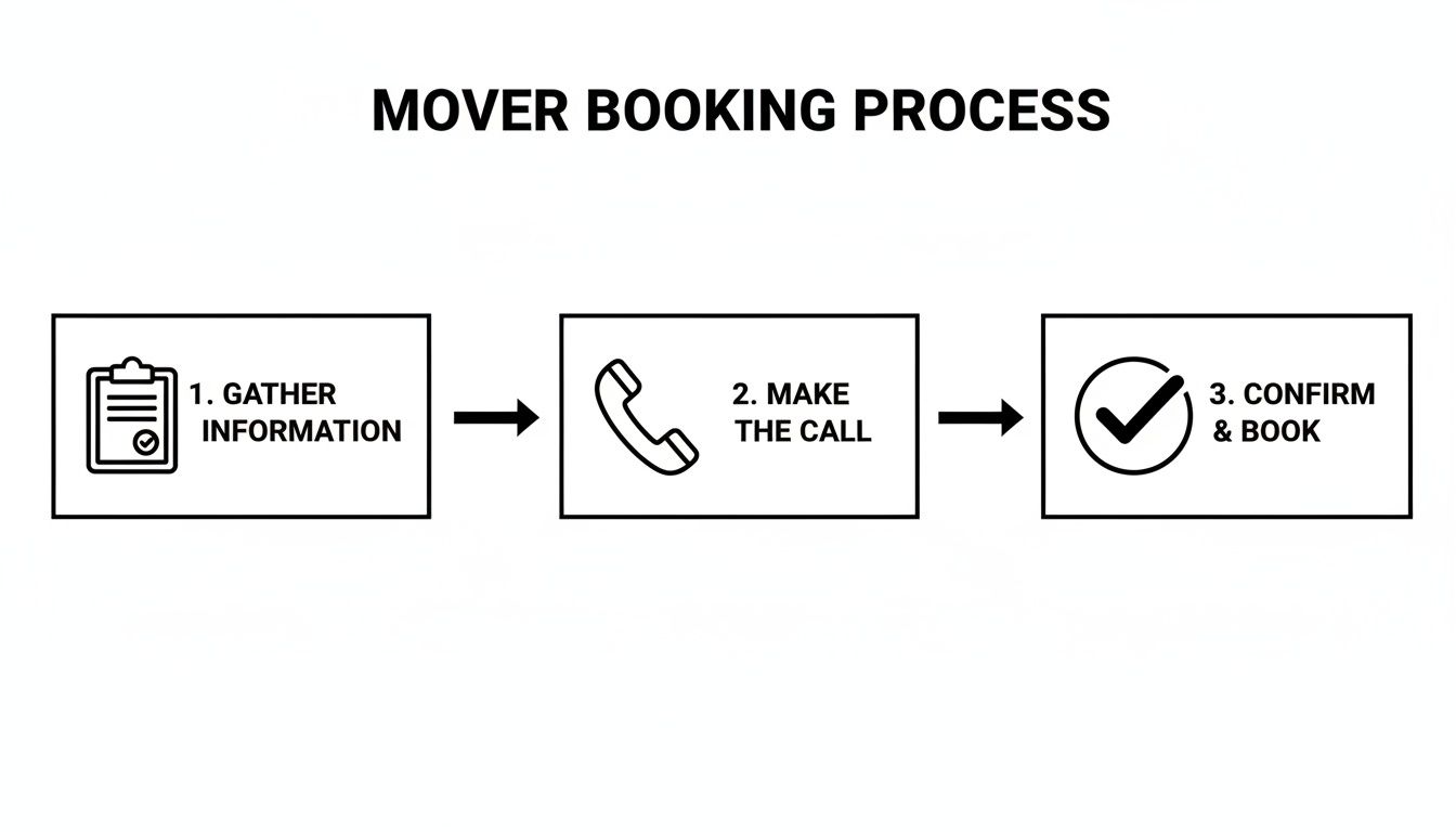 A flowchart illustrates a three-step mover booking process: gather information, make the call, and confirm and book.