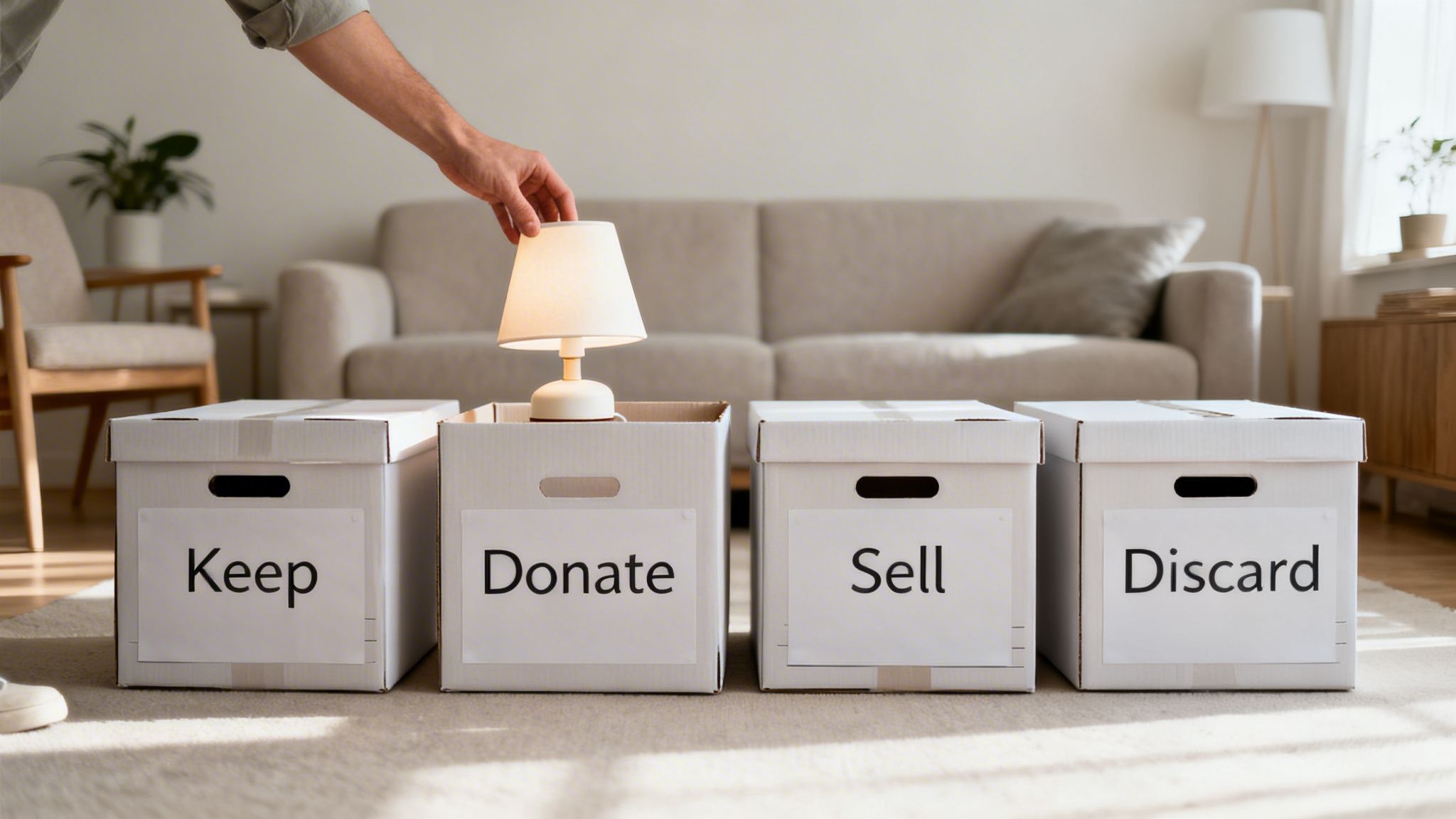 A hand places a lamp into a 'Donate' box, next to 'Keep', 'Sell', and 'Discard' boxes.
