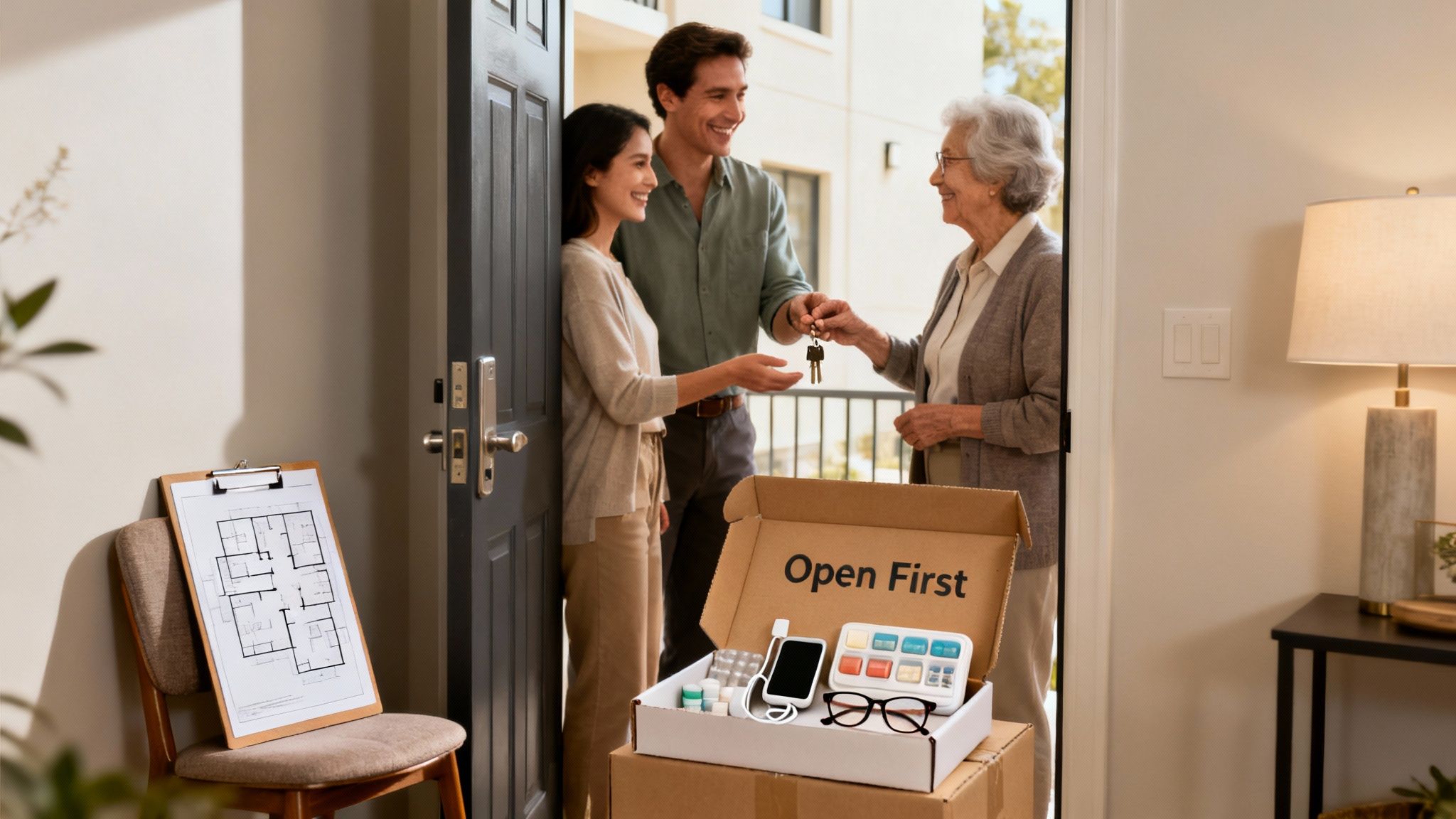 An elderly woman hands house keys to a smiling young couple, with moving boxes and a floor plan.