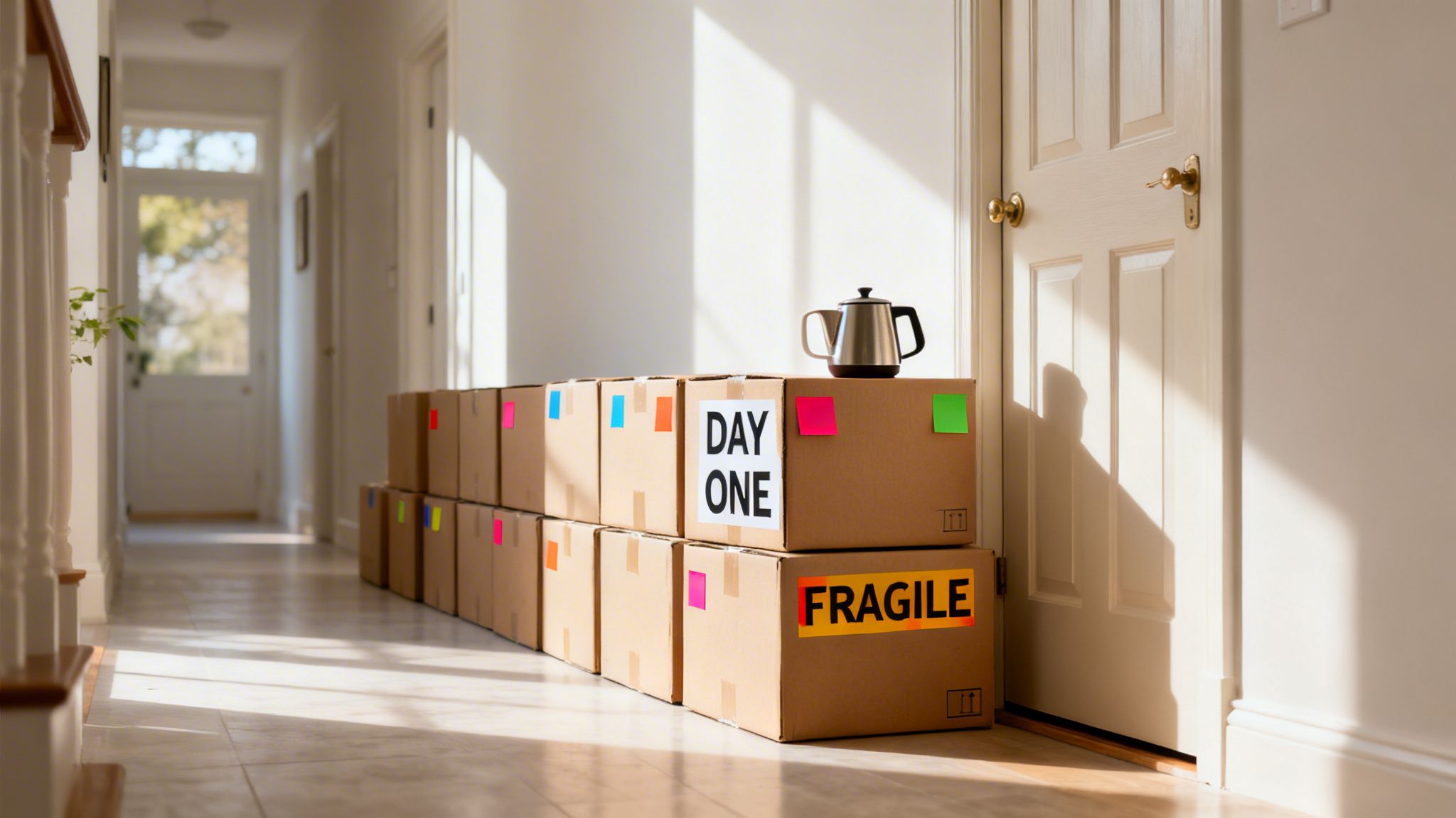 Cardboard moving boxes neatly stacked in a sunlit hallway with a kettle on top, signifying a fresh start.