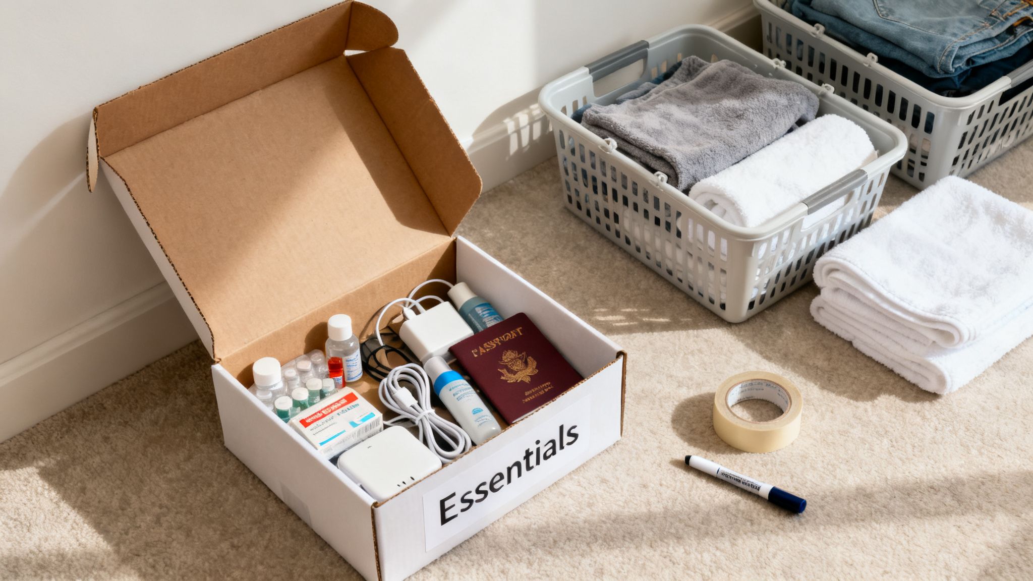 A cardboard box labeled 'Essentials' filled with a passport, medications, and chargers, next to laundry baskets and packing supplies.
